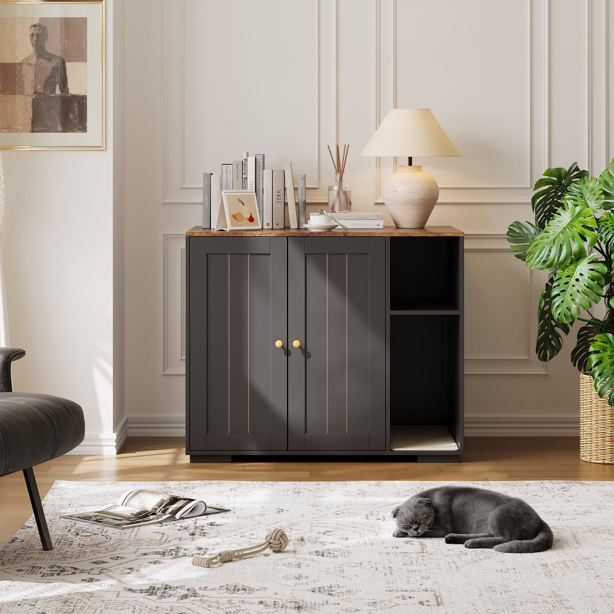 Extra-Large Cat Litter Box Cabinet with Scratch Pad – Dog-Proof Enclosure with Outlet, Large Automatic Litter Box Furniture and Storage for Cat Essentials
