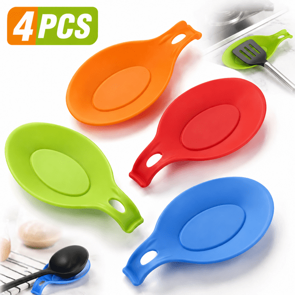 Emlimny Heat-Resistant Silicone Spoon Rest Set of 4 for Kitchen Countertop, Stove Top - Non-Slip Holder for Cooking Utensils, Spatula, Tongs, Spoons - Easy Clean, Durable, Framhouse Decor