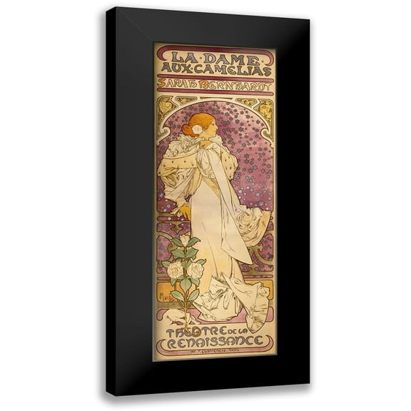 Mucha, Alphonse 11x24 Black Modern Framed Museum Art Print Titled - La Dame aux Camelias - Sarah Bernhardt