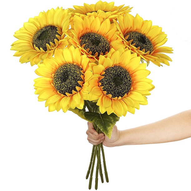 Girasoles artificiales Flor de seda de girasol de tallo largo para decoración al aire libre, hogar, boda, fiesta de cumplea?os en color amarillo Juego de 6 (Centro oscuro) ShuxiuWang 8390606646026