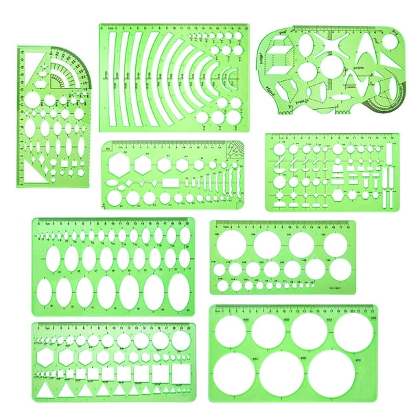 1 juego / 9 piezas, plantillas de dibujos multiusos, reglas geométricas de medición, reglas de borrador de plástico para material de oficina escolar (verde claro)