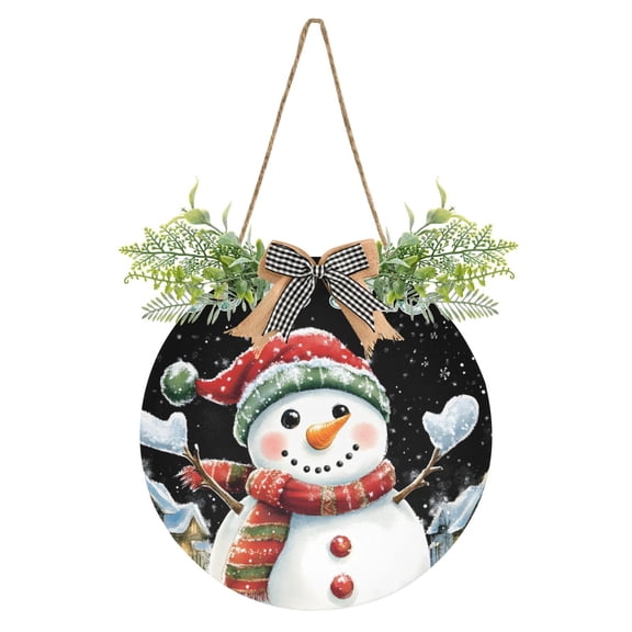Winter Snowman Front Door Porch Decoration Hanging Sign with Artificial Green Plants and Bow for Home Outdoor Indoor