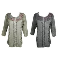 Mogul 2 pc Women's GRAY Top Blouse Embroidered Stonewashed Rayon Boho Fashion Tunic Tops L