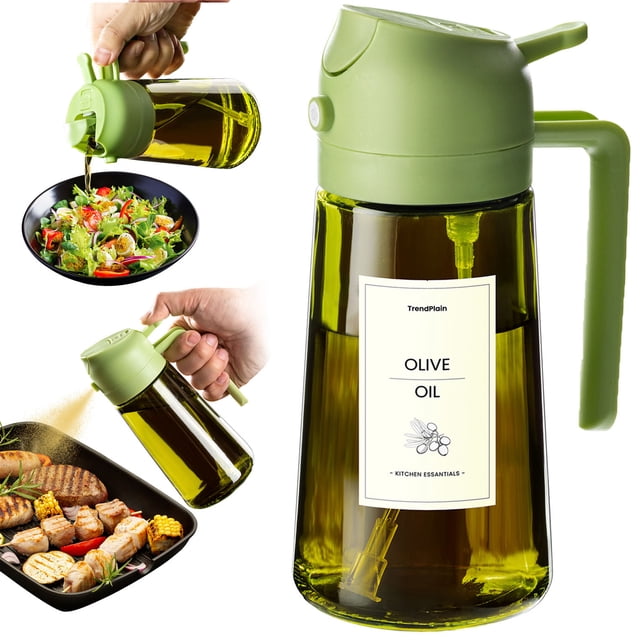 TrendPlain Dispensador de Aceite de Vidrio 16oz con Atomizador, Pulverizador de Aceite de Oliva para Cocina con Etiquetas, Tapa Verde