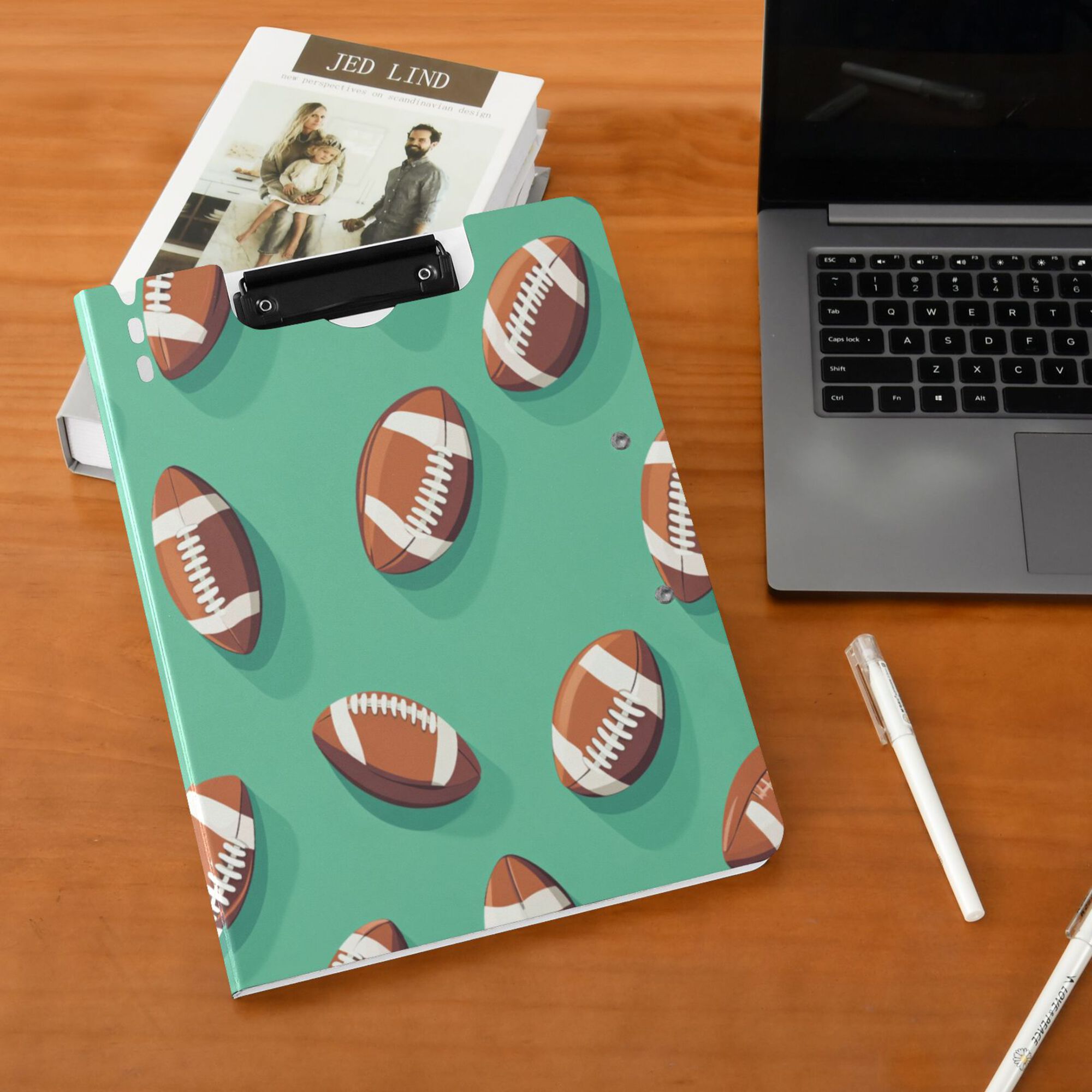 FORMRS A4 Clipboard Folder with Pen Holder Horizontal Foldable School Office Binder, Green American Footballs
