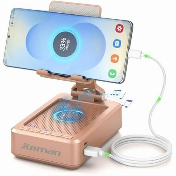 wonima02 Cell Phone Stand with Bluetooth Speaker and Charging Function,Bluetooth Audio Power Bank Bracket,Birthday Gifts for Men Women,Kitchen Gadgets for Most Phones and Tablets-Rose Gold