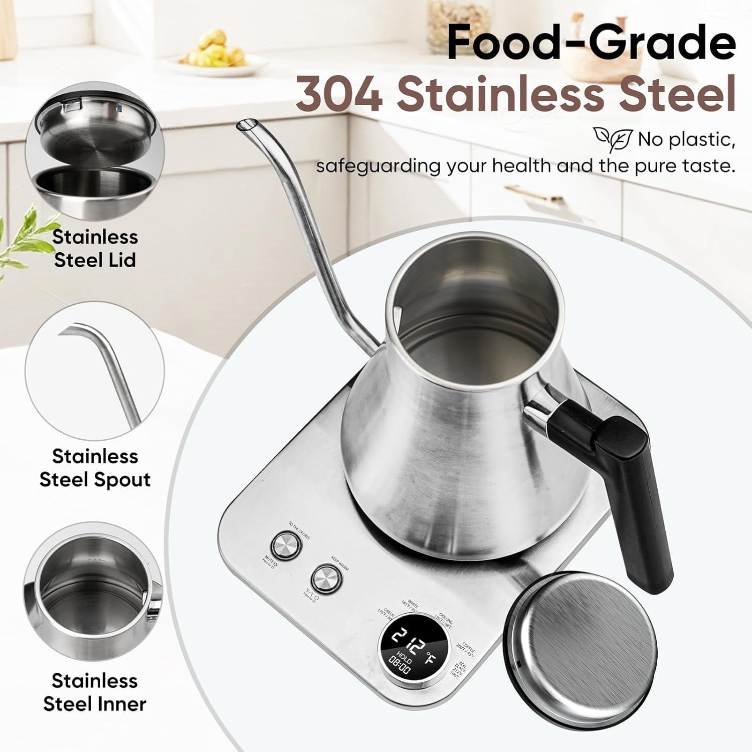 Gooseneck Electric Kettle with ±1°F Temperature Control, 1200W Quick Heating for Pour Over Coffee & Tea, 0.9L Water Boiler with 24H Keep Warm & Auto Shut Off, Stainless Steel Interior, Silver