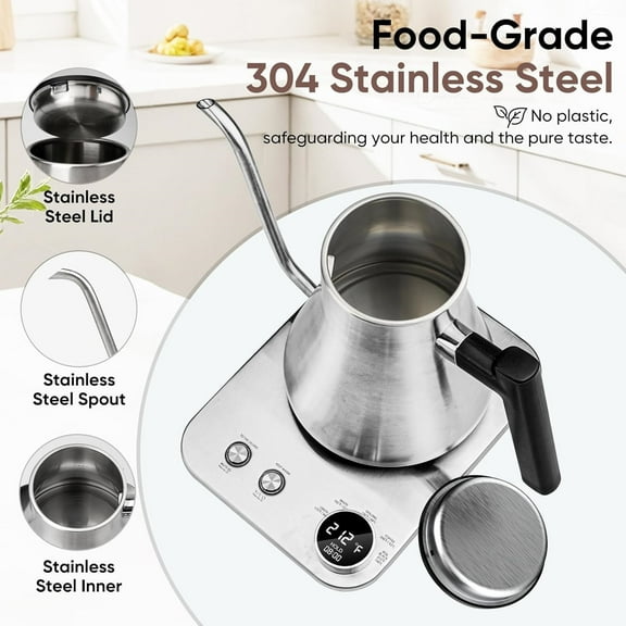 Gooseneck Electric Kettle with ±1°F Temperature Control, 1200W Quick Heating for Pour Over Coffee & Tea, 0.9L Water Boiler with 24H Keep Warm & Auto Shut Off, Stainless Steel Interior, Silver