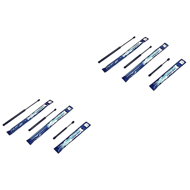 par de amortiguadores cofre f-150 1997 a 2003 ford genérica, par para cofre en vista diagonal, amortiguadores negros con vástago metálico y empaques azules con marca GENERICA, incluye lado izquierdo y derecho, compatible con pickup; a menudo se usan también para sostener tapas de cajones o cofres de herramientas en talleres.