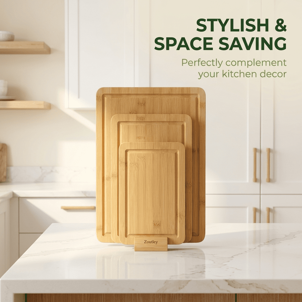 BEINGMATE Care Bamboo Cutting Board Set of 3 with Vertical Stand | Deep Liquid Grooves & Anti-Slip Handles | Heavy Duty Wood Chopping Boards for Kitchen | Natural, Sustainable & Knife-Friendly