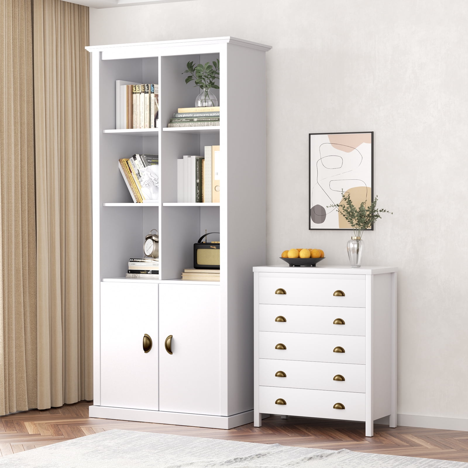 Nathaniel Home, 70'' Versatile Bookcase with Doors, Floor Standing 5-tier Bookshelf, Storage Cabinet for Living Room, Home Office Decor Furniture White