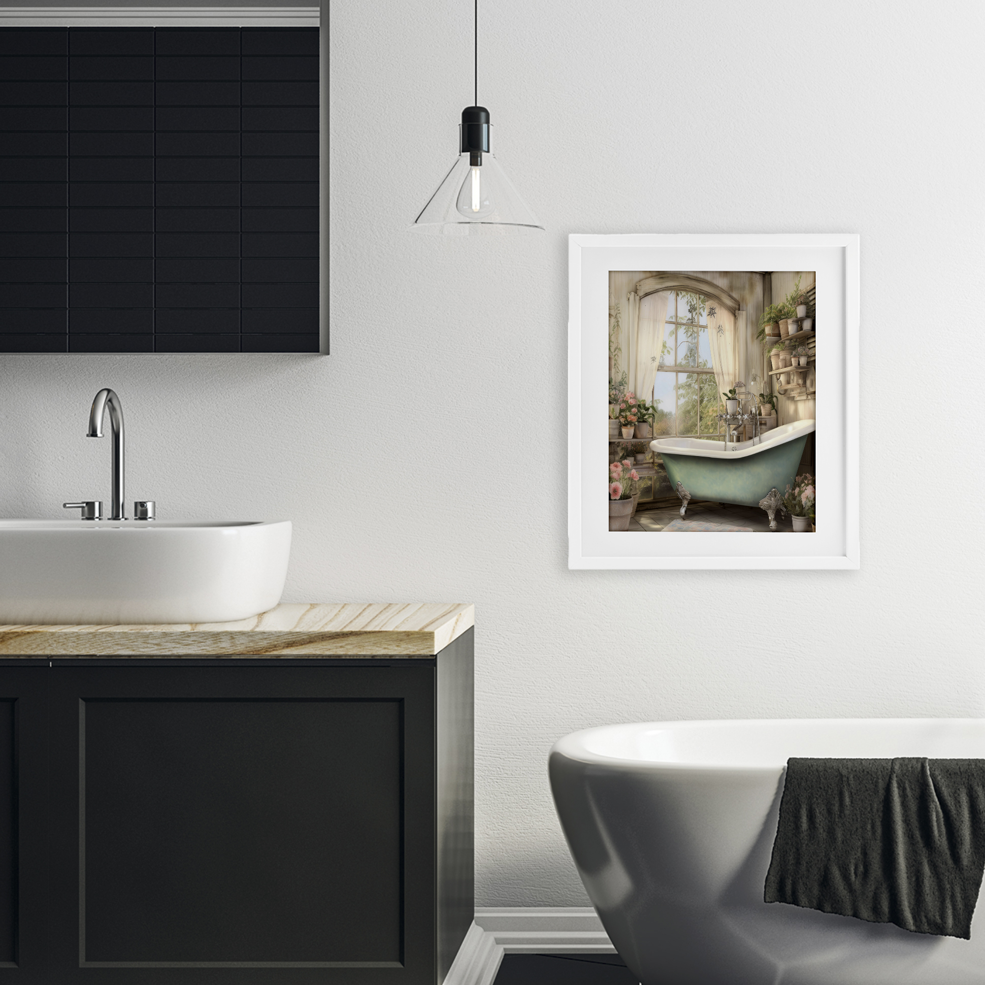 Bathroom with Floral Filled Shelves White Framed Print Under Glass, design by Lettered and Lined
