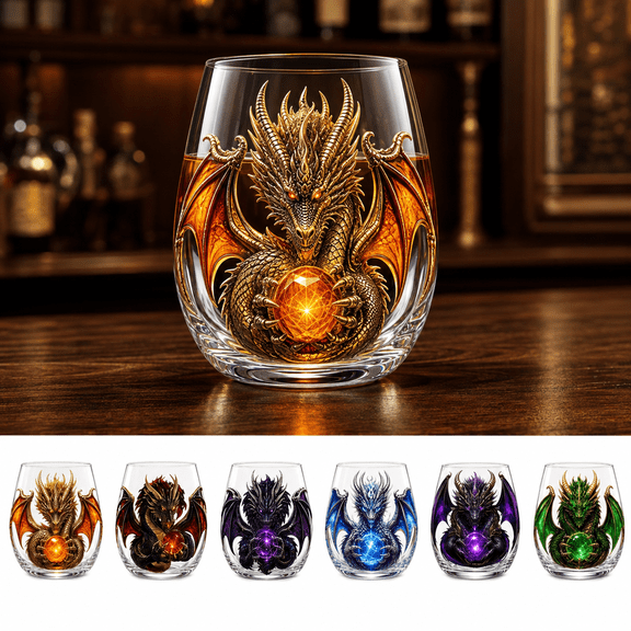 3D Mythic Dragon Glass Cup A Style Fantasy Crystal Orb Whiskey Glass, Sculpted Dragon Drinkware with Raised Scales Wings & Detailed Design, Stemless Fantasy Bar Glass Gift for Dragon Lovers