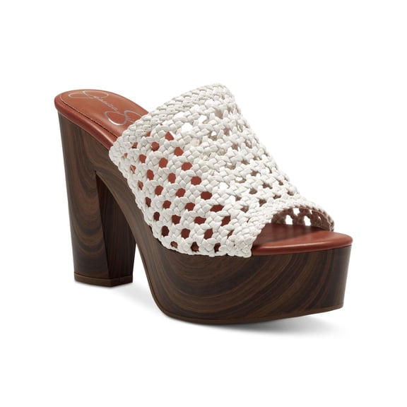 JESSICA SIMPSON Womens White 1-1/2" Platform Woven Goring Shelbie Round Toe Block Heel Slip On Heeled Sandal 9 M