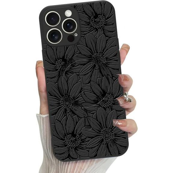 for iPhone 13 Pro Case, Silicone Black Floral Flowers Cute Pattern, Compatible with MagSafe Sunflowers Camera Protection Phone Case