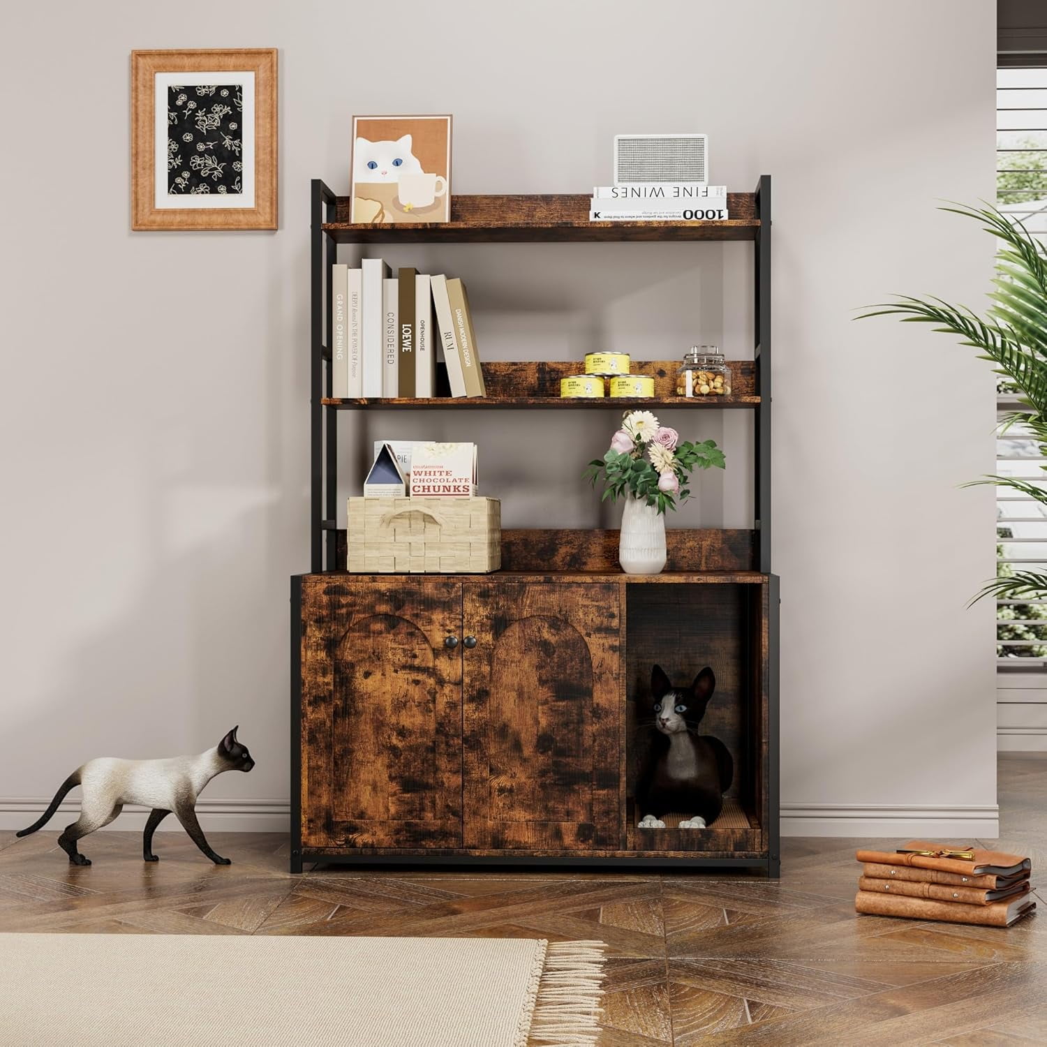 NEILA Litter Box Enclosure with 2 Storage Shelves White Hidden Cat Litter Box Furniture with Scratch Pad, Indoor Cat House Kitty Box Washroom Cat Bookshelf Cabinet, Brown