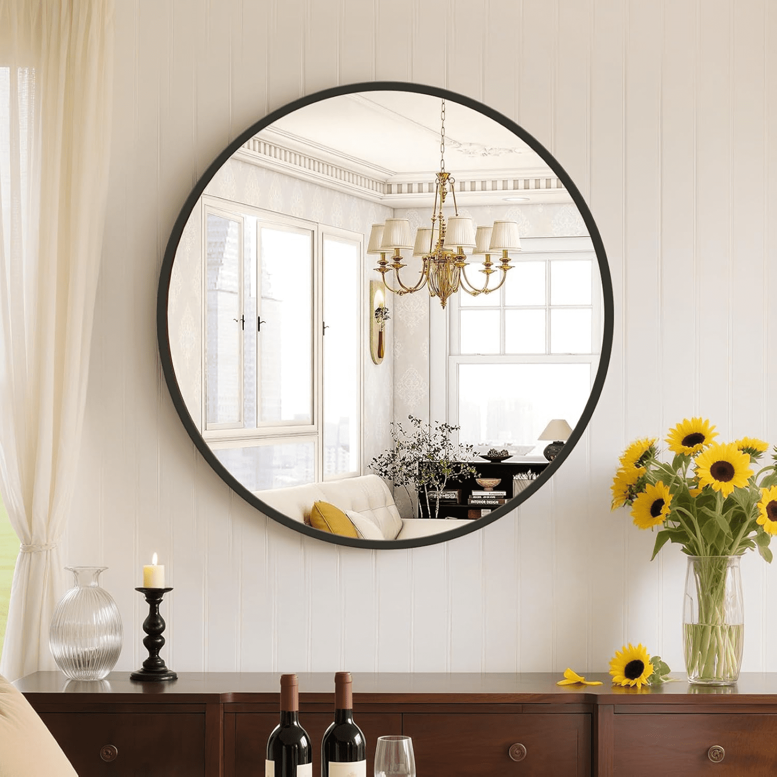 AUROMIR 24" Round Wall Mirror Bathroom Vanity Mirror Aluminum Alloy Frame,Black