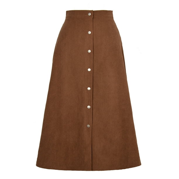 Falda midi de cintura alta, falda elástica vintage de corte A, falda de pana