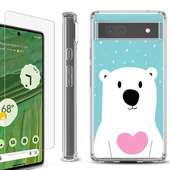 Shockproof Bumper Phone Case for Google Pixel 6a, with Tempered Glass Screen Protector, by OneToughShield ® - Pola Bear