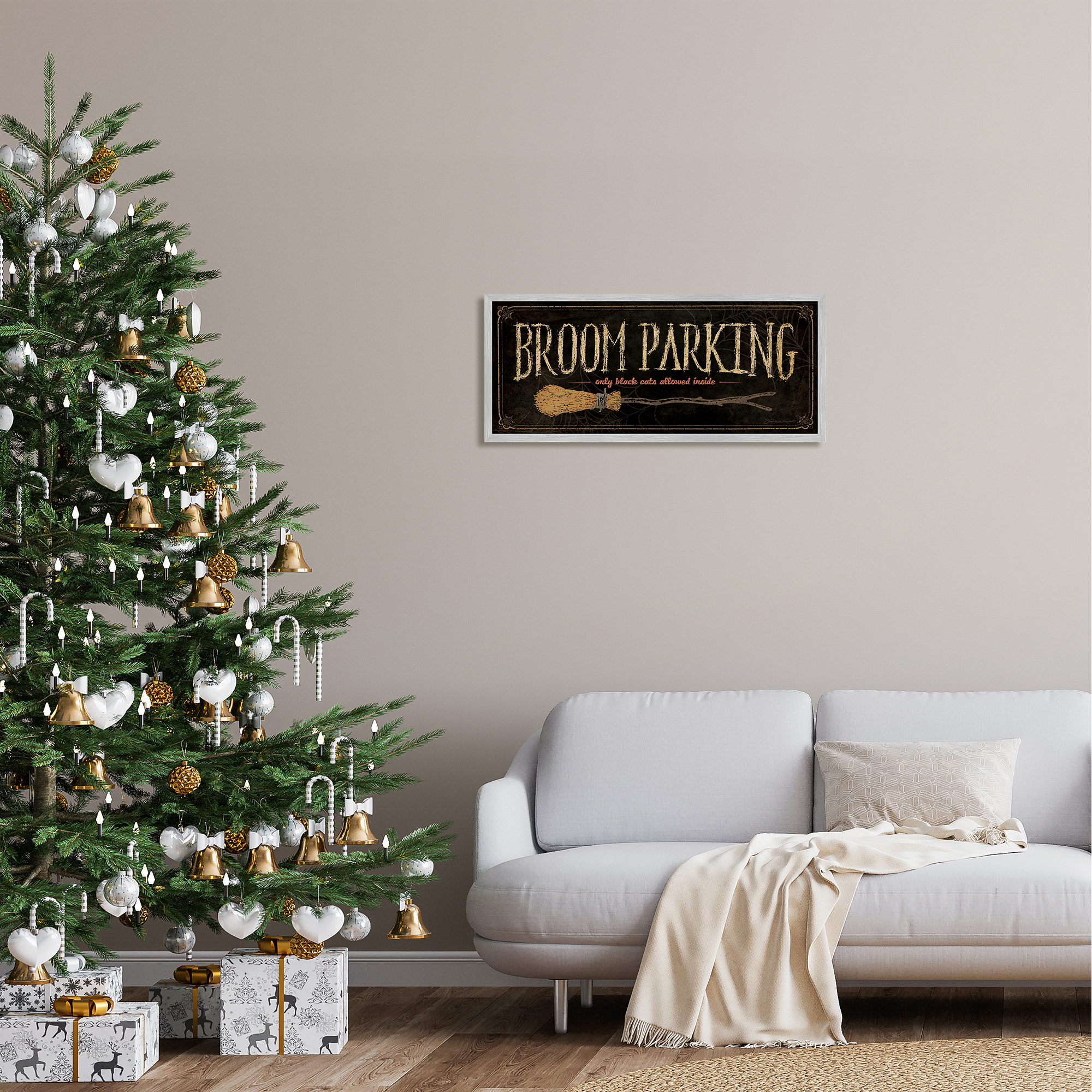 Stupell Industries Broom Parking Black Cats Allowed Holiday Painting Gray Framed Art Print Wall Art