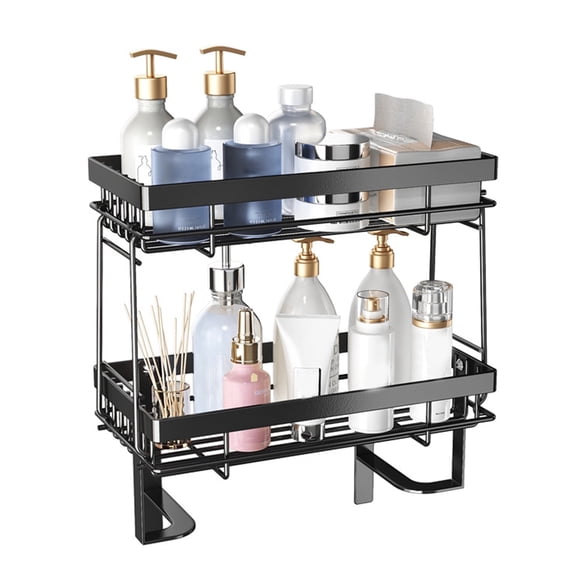 Bathroom Kitchen Bedroom Countertop Storage Organizer, Alloy Steel Standing Rack, 2 Tier Drill-Free Self Adhesive Multi Mount Toiletry Decor Storage
