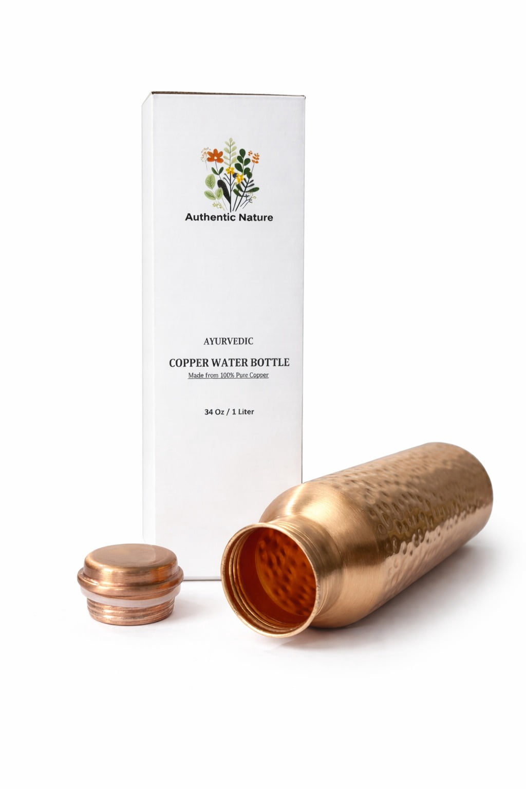 Authentic Nature Pure Copper Water Bottle, 1 Litre Ayurvedic Design, Hammered Finish, Leak-Proof Cap, Handcrafted in India for Daily Hydration and Wellness (Pack of 2 Bottles)