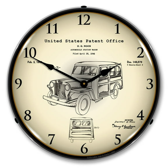 Collectable Sign and Clock 1946 Willys Jeep Station Wagon Patent  LED Lighted Premium Wall Clock