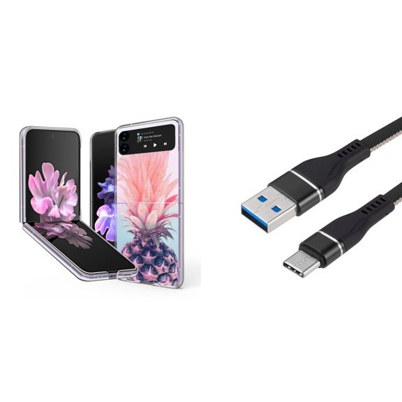 Bemz Premium Bundle for Samsung Galaxy Z Flip 3 5G: Slim Snap-On Protector Case (Cool Pineapple), Nylon Braided USB-C to USB-A Cable (3 Feet)