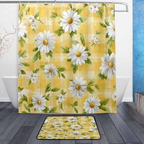 TTYFWHD 60" x 72" Shower Curtain and Bath Mat Set Yellow Gingham with Daisies Pattern Waterproof Bathroom Curtain with 12 Hooks, Bathroom Decor Set