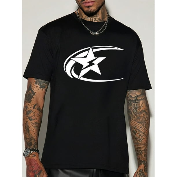 Men's Summer Fashion Royal Blue T-Shirt with Star Logo Print - Casual Crew Neck, Short Sleeve, Cotton, Machine Washable