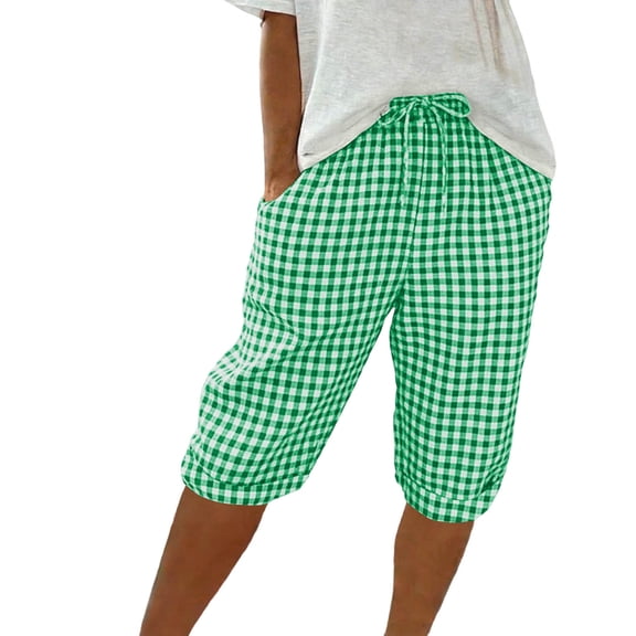 Qgtaibl Womens Gingham Cotton Shorts Summer Loose Fit Comfy Casual Shorts with Pockets Drawstring High Elastic Waist Plaid Bermuda Shorts Green XL