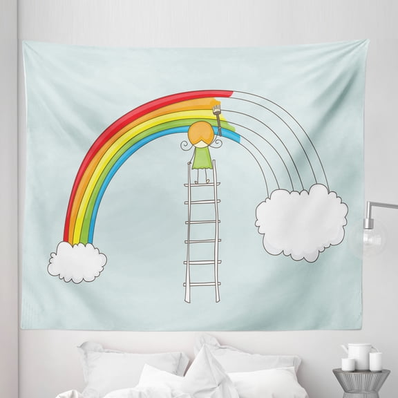 Cloud Tapestry, Doodle of a Girl on Ladder Painting Rainbow with Clouds on Pale Toned Background, Fabric Wall Hanging Decor for Bedroom Living Room Dorm, 5 Sizes, Multicolor, by Ambesonne