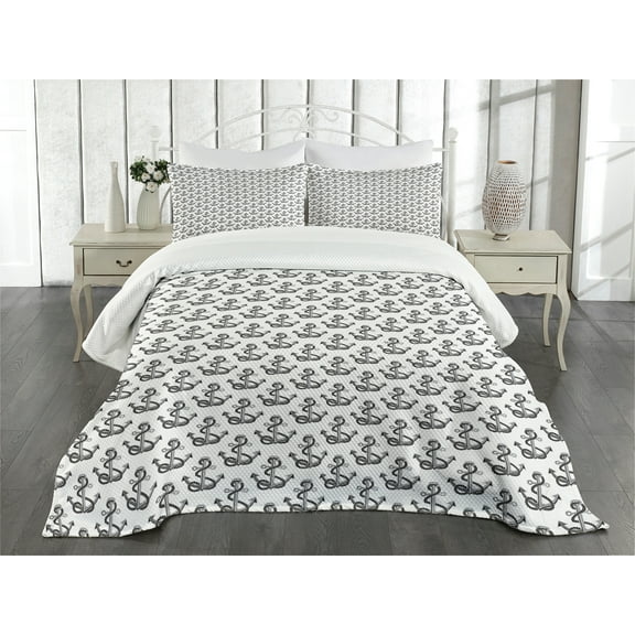 Ambesonne Anchor Quilted Bedspread Set 3 Pcs, Marine Hipster, Queen Size, Charcoal Grey Pale Grey