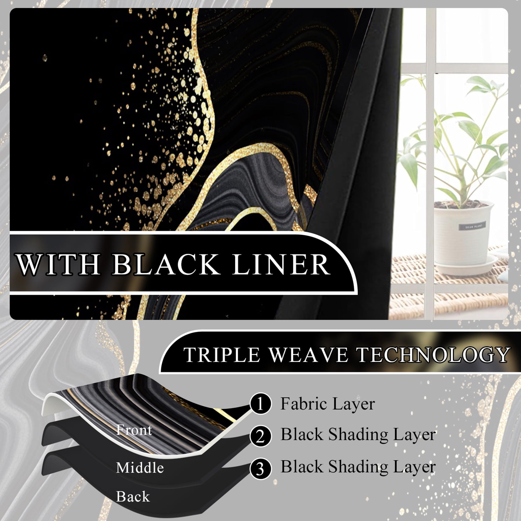 Dashan Black Gold Marble Blackout Window Curtain for Living Room,Thermal Insulated Curtains,52x84 Inch,Set of 2