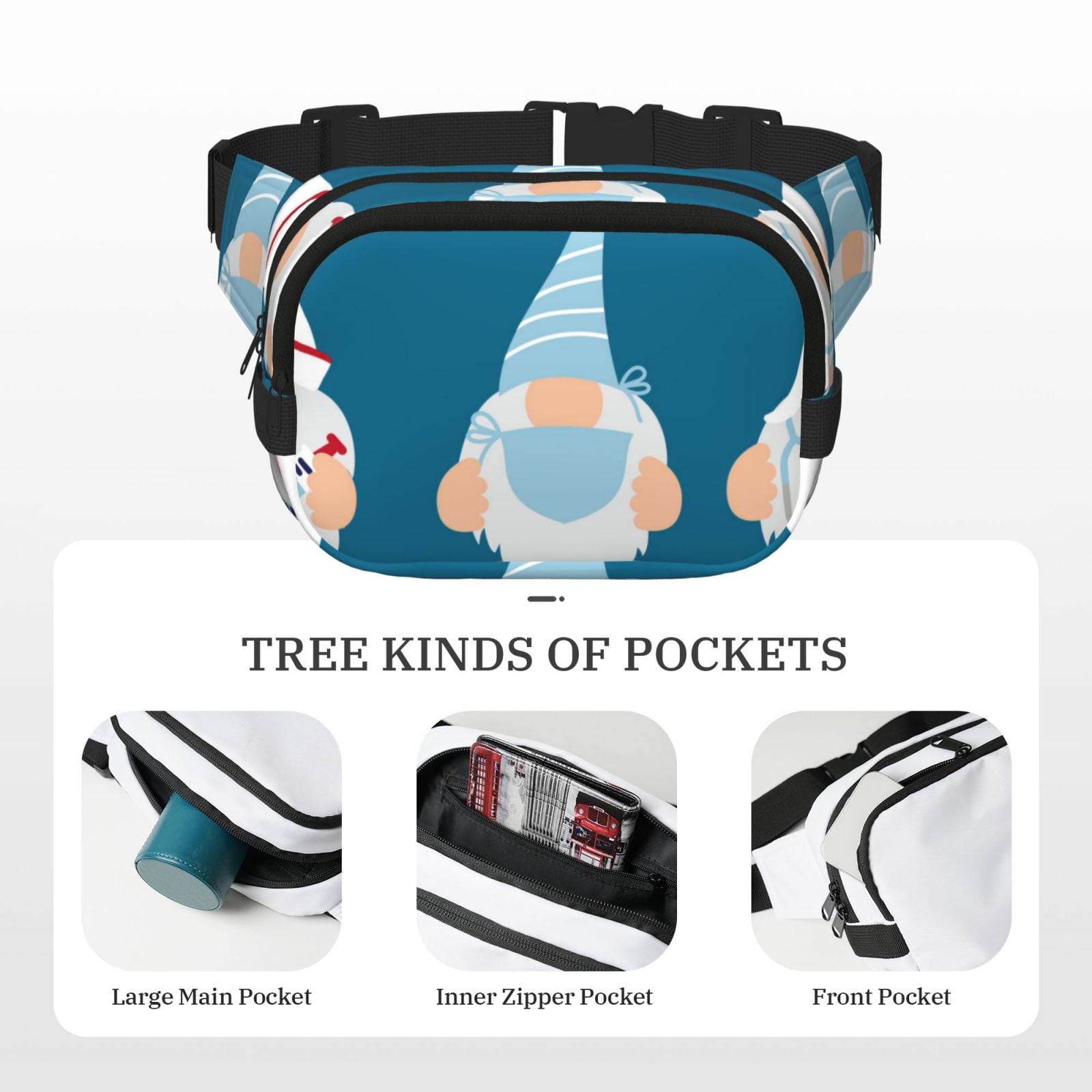 Kdxio Nurse Doctor Gnomes Crossbody Double Layer Waist Bag Belt Bag for Unisex Fanny Pack Fashion Waist Packs for Hiking Running Shopping Traveling