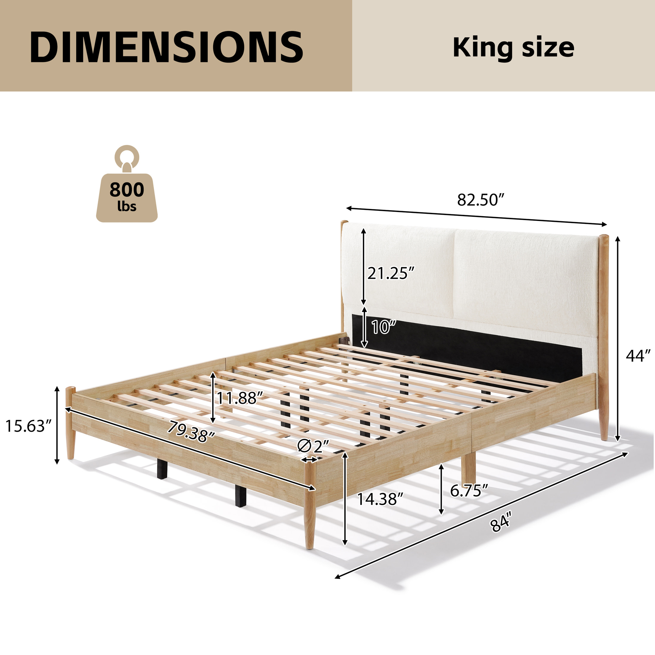 Christopher Knight Home Wood King Bed Frame with White Upholstered Headboard, No Box Spring, Natural