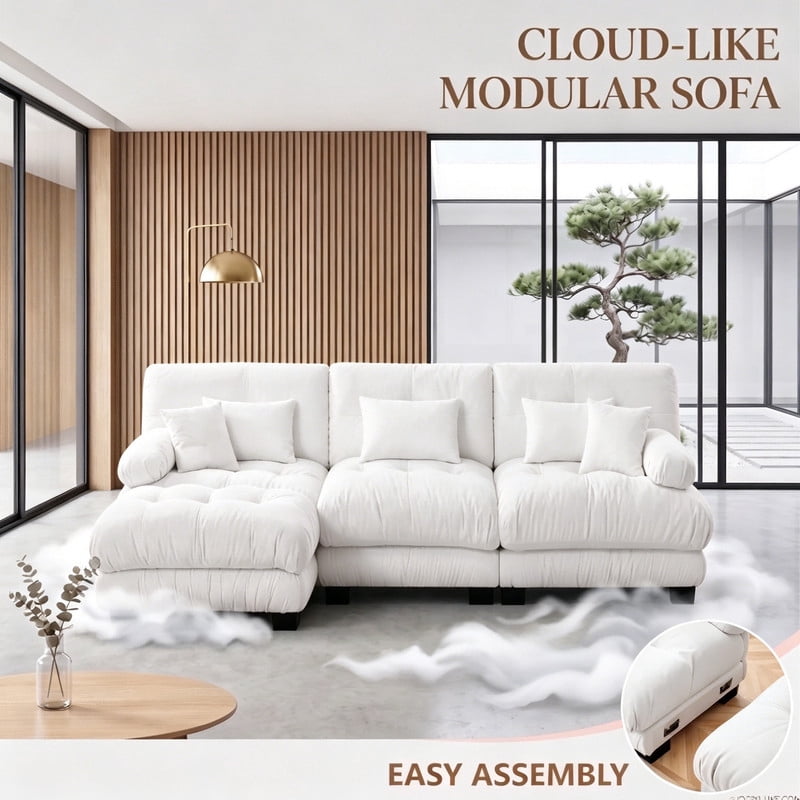 ANPPORT Cloud Couch Sleeper Sofa, Chenille White 3-Seater Modular Sofa with 1 Ottomans, 3 Lumbar pillows, 2 Pillows, Comfy Deep Seat Cloud Sofa, Convertible L-Shaped Floor Couch for Living Room