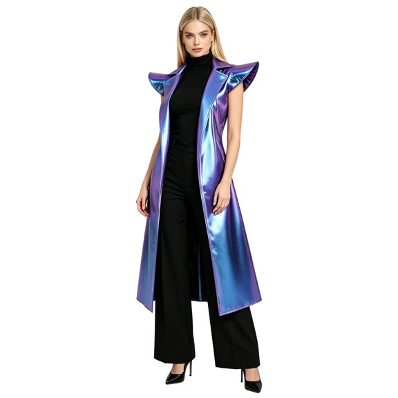 TiaoBug Women Cap Sleeve Shiny Metallic Notch Lapel Open Front Cardigan Coat Long Trench Jacket for Rave Party Clubwear Blue S