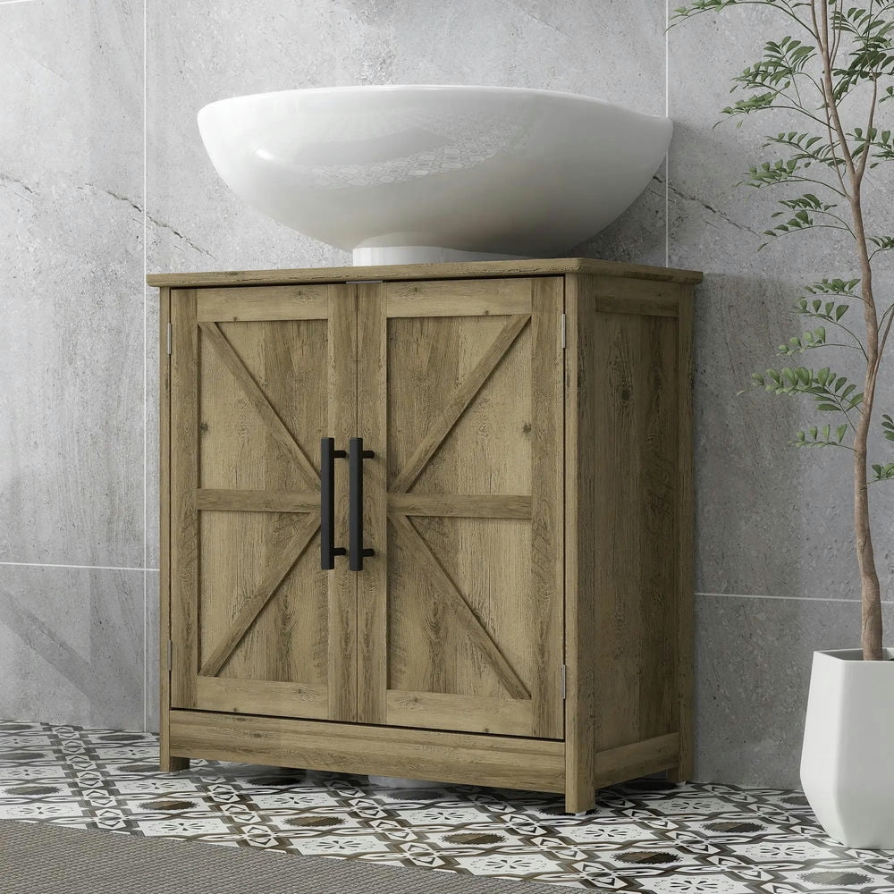 Topcobe Farmhouse Pedestal Sink Storage Cabinet, Bathroom Sink Cabinet with 2 Barn Doors and Adjustable Shelf, Indoor Modern Furniture for Bathroom, Light Gray