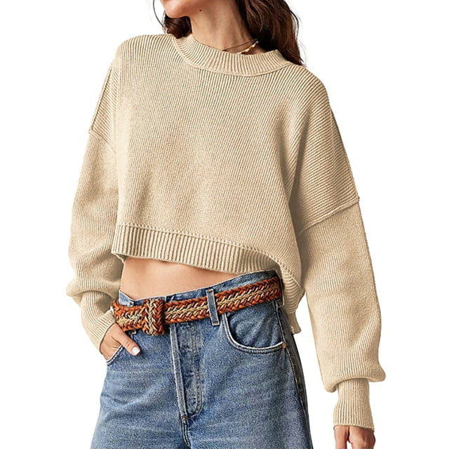 xiaxaixu Chandail en Tricot Uni/à Rayures pour Femmes Col Rond Manches Longues Pulls Amples Printemps Automne Décontractés Mode Urbaine