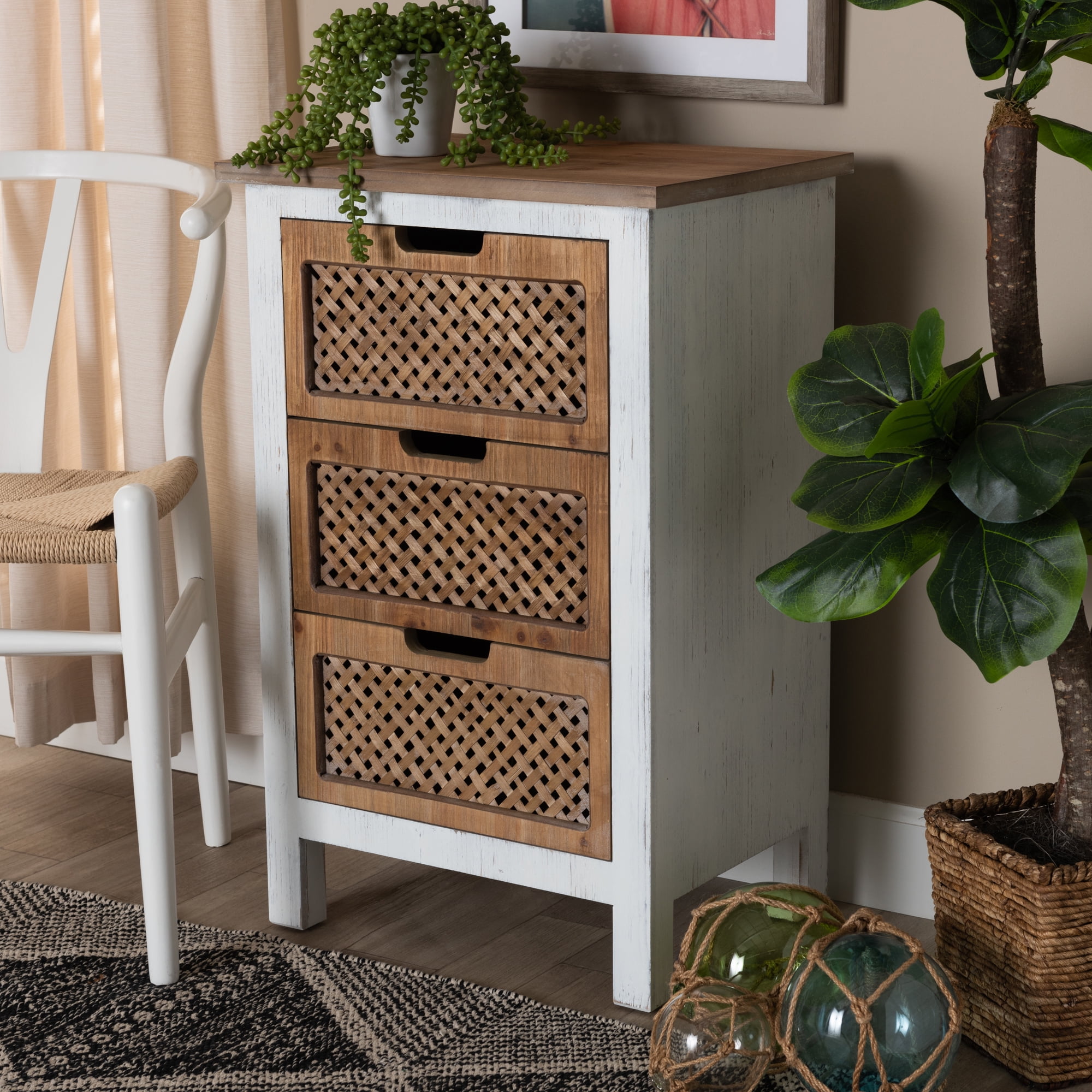Wooden White Sideboard Console Table 3-Drawers Storage With Baskets Furniture 
