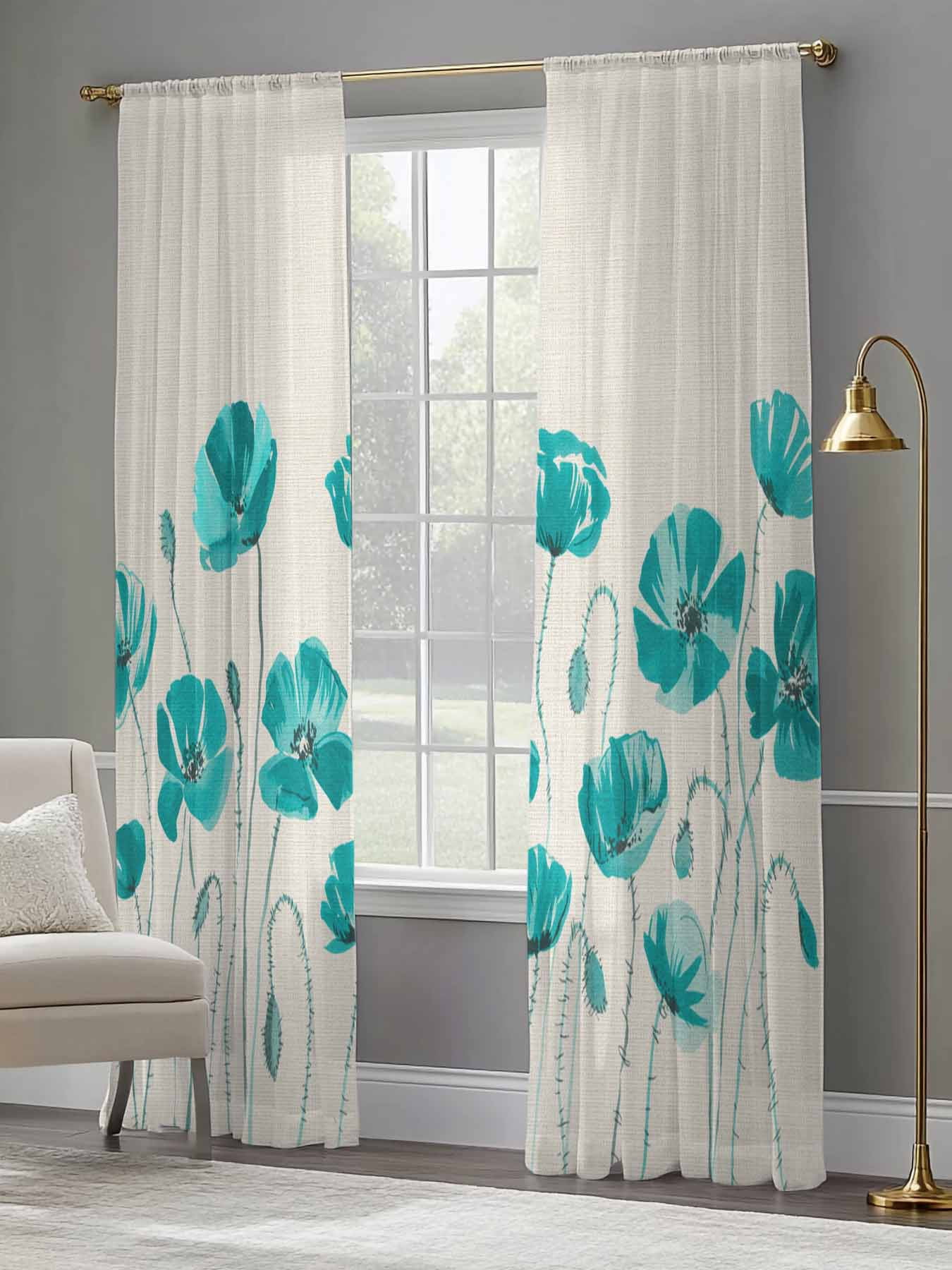 Teal Floral Sheer Curtains 2 Panels Set Watercolor Autumn Turquoise Wildflowers Plant Linen Texture Sheer Window Curtains Light Filtering Rod Pocket Voile Drapes for Bedroom Living Room 52"X108"