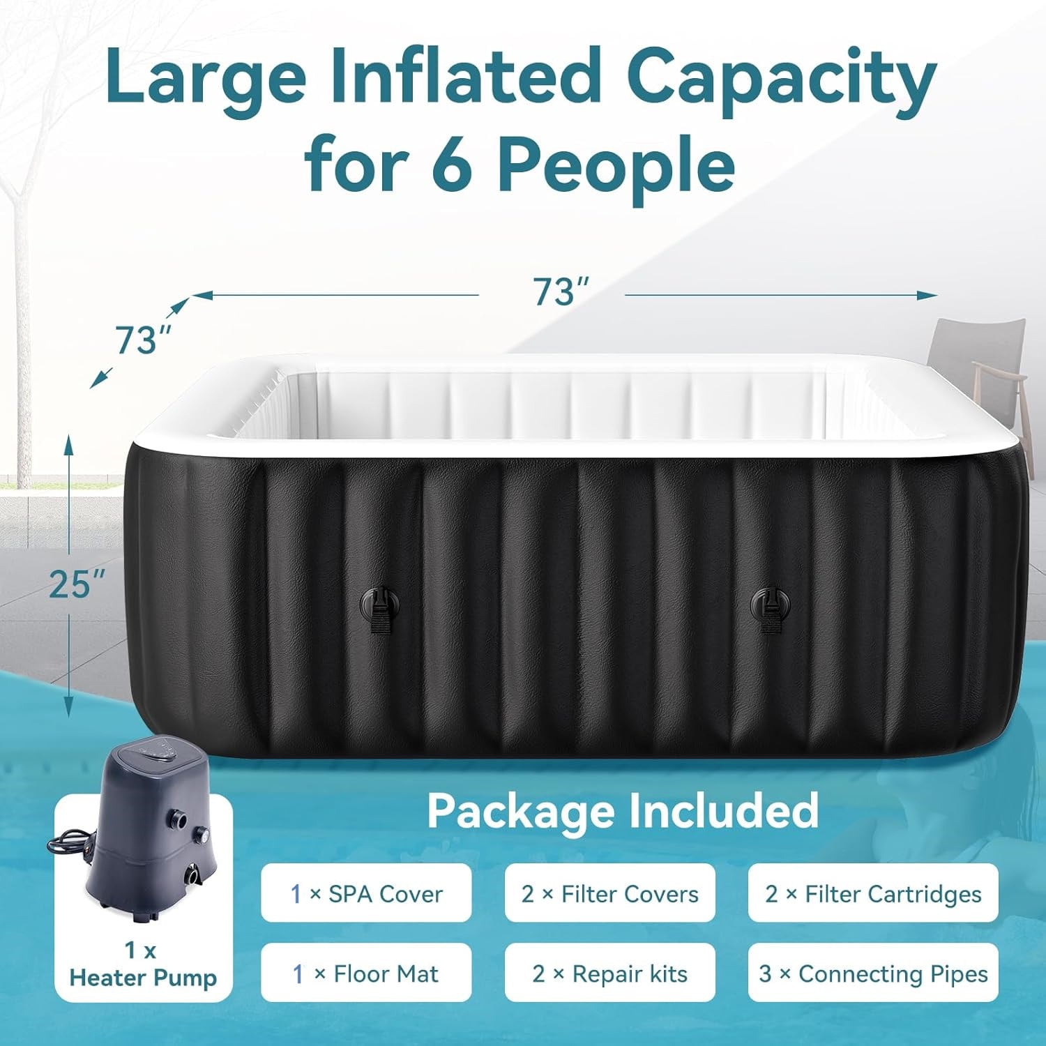 240 Gallon Inflatable Hot Tub 6 Person Square with Control Panel, Portable Outdoor AirJet Hot Tub Spa with 130 Bubble Jets, Filter, Insulated Tub Cover and Floor Protector, Temperature up to 104°F