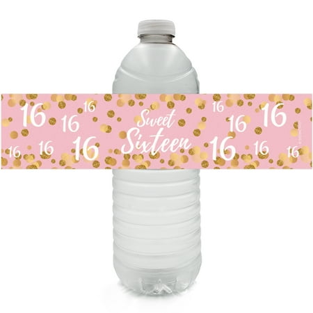 Sweet 16 Party Tape - Sweet 16 Party Water Bottle Labels, 24ct - Pink and Gold Sweet Sixteen 16th Birthday Party Decoration Supplies - 24 Count Stickers