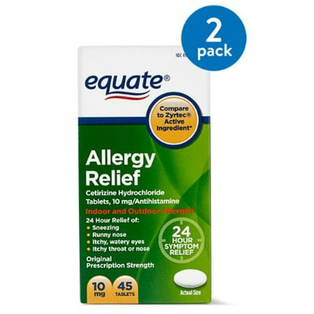 (2 Pack) Equate Allergy Relief Cetirizine Antihistamine Tablets, 10 mg, 45 (Best Allergy Medicine For Runny Nose And Cough)
