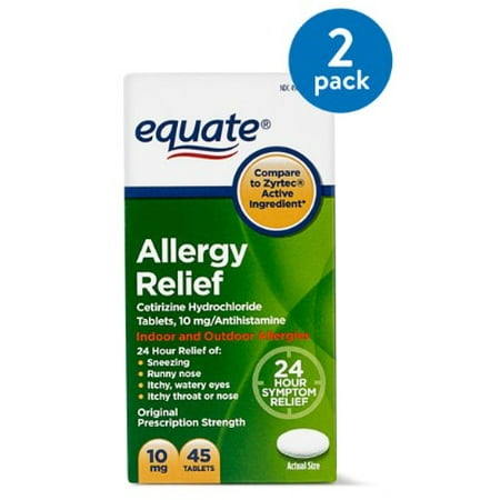 (2 Pack) Equate Allergy Relief Cetirizine Antihistamine Tablets, 10 mg, 45 (The Best Allergy Relief Medicine)