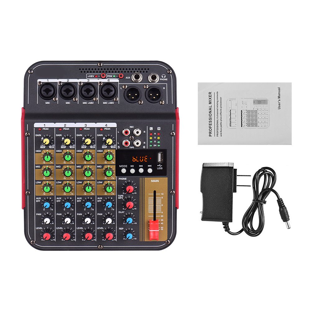 TM4 Digital 4-Channel Audio Mixer Mixing Console Built-in 48V Phantom Power with BT Function Professional System for Studio Recording Broadcasting DJ Network Live