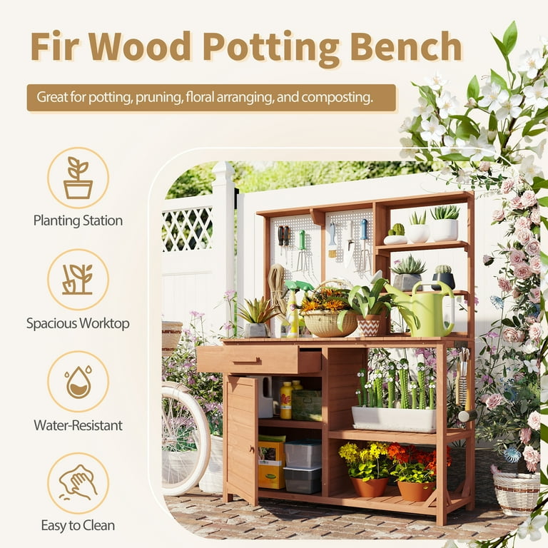 ARNOT Wooden Potting Bench - Outdoor Garden Table With Storage & Hooks