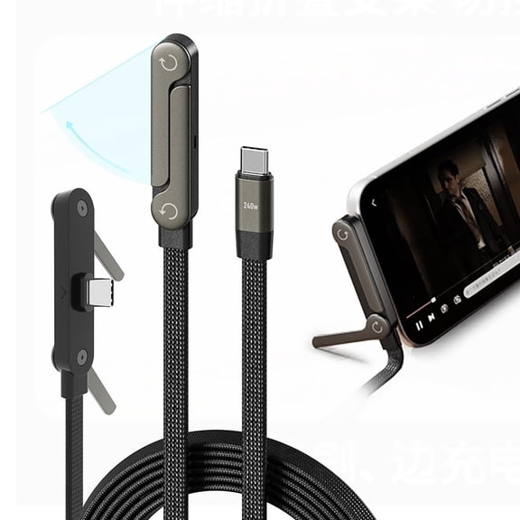 240W Invisible Stand Fast Charging Cable, 4.9FT USB C to C Flat Cable 90 Degree Angled,Compatible with iPhone 17 Series (Gray)