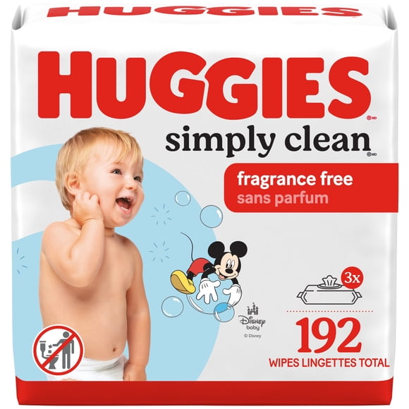 Huggies Simply Clean Baby Wipes, UNSCENTED, 3 Flip Top Packs, 192 Wipes